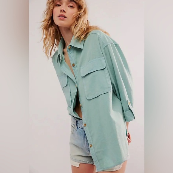 NWT new we the free people made for sun linen shirt button down small light blue - Picture 1 of 17